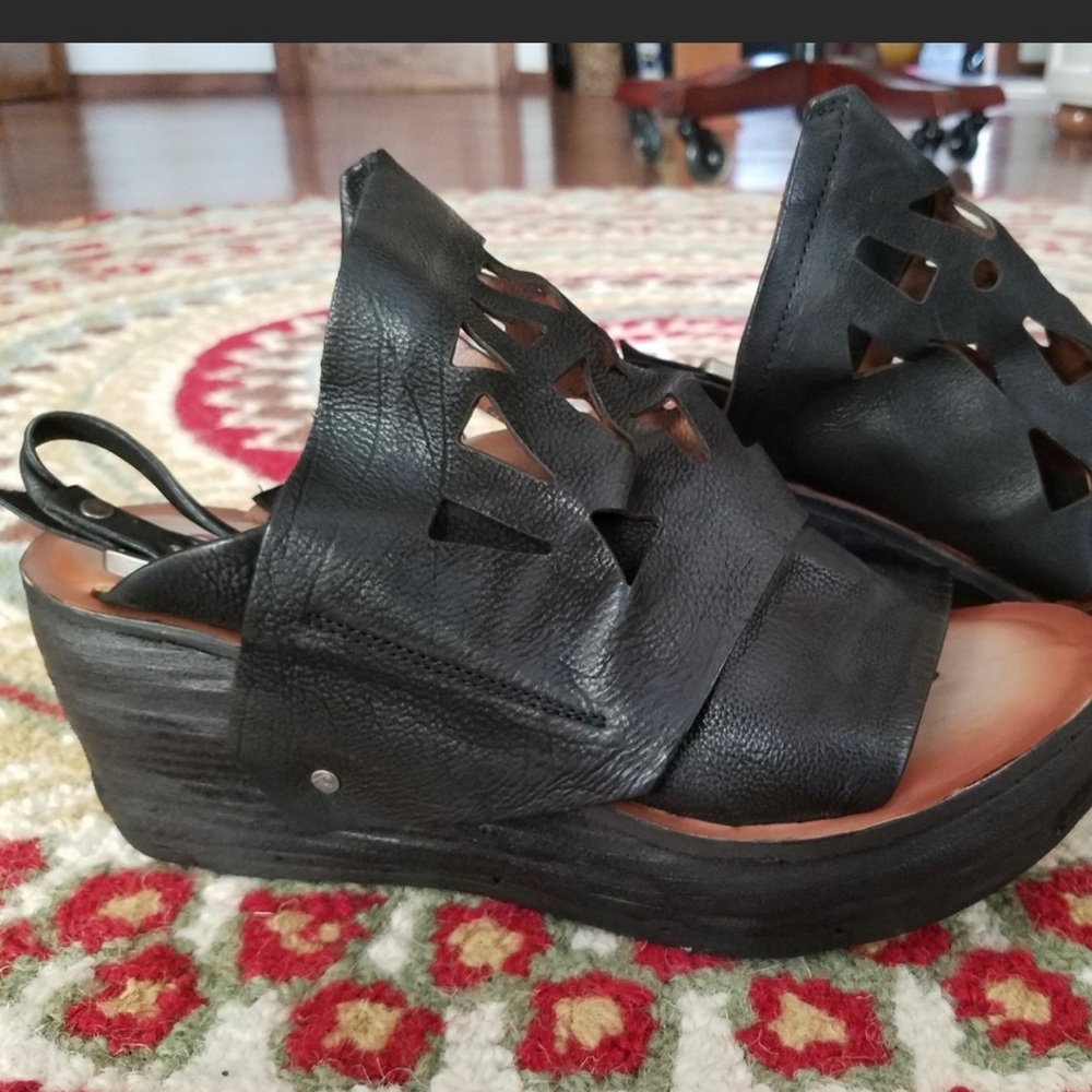 New A.S.98 Laser Cut Black Wedge Sandals